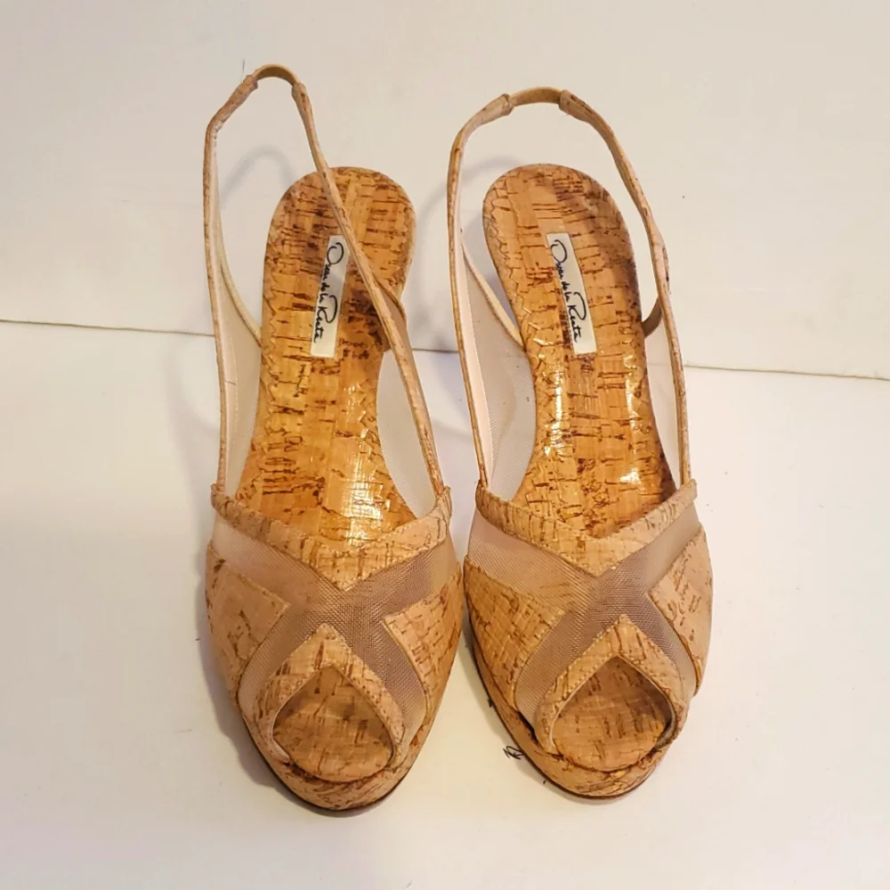 Oscar de la Renta Cork Mesh Slingback Peeptoe Heels Size 9 - Picture 12 of 12